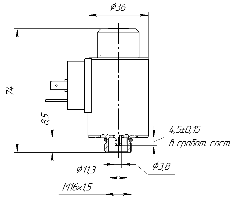 Габаритные и присоединительные размеры электромагнита пропорционального ПЭМП36-1
