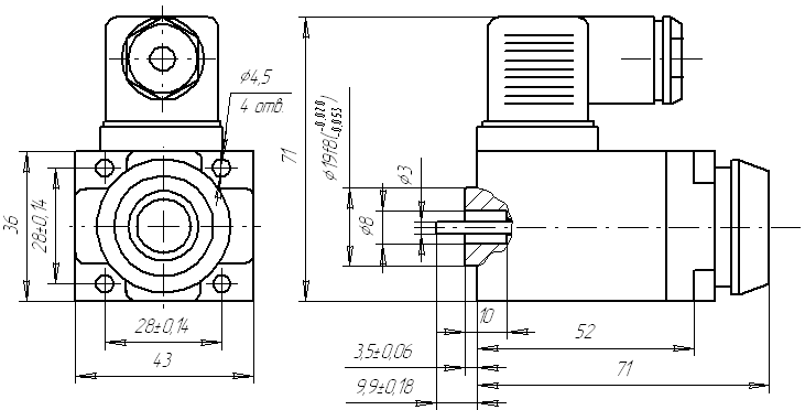 Габаритные и присоединительные размеры электромагнита ПЭ 35 с соединителем СЭ11-19