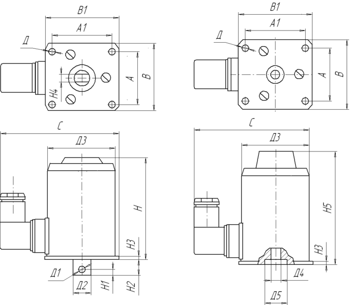 Габаритные, установочные и присоединительные размеры приводов ЭМД 0…5 с соединителем электрическим СЭ11-19 тянущего и толкающего исполнения